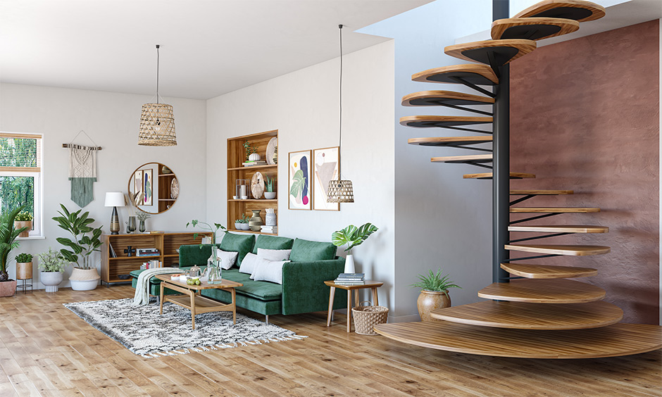 A paddle-style modern curved staircase designs with a modern staircase for an earthy living room