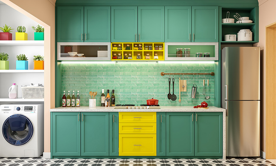 A pop of yellow is the 2022 kitchen color trend that lends a vibrant look to the space