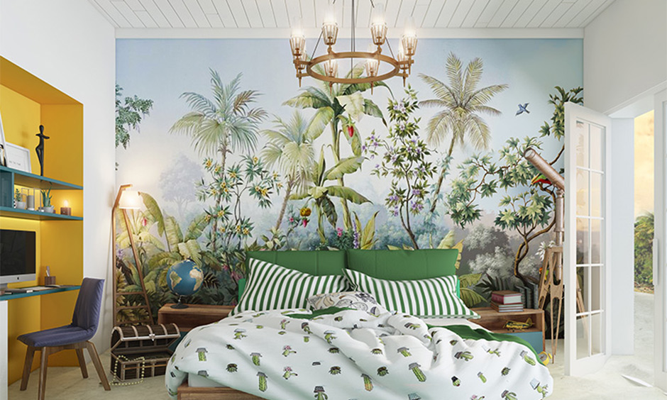 Beach themed wallpaper for bedroom with white wood panelling on the ceiling