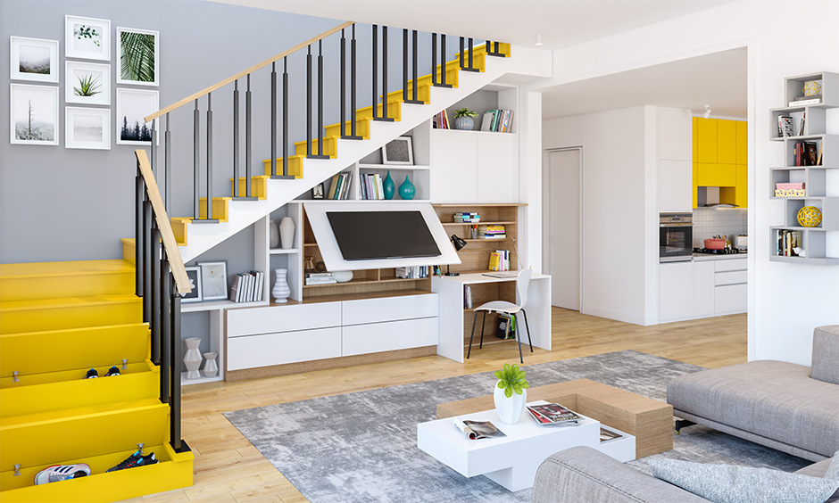 Cool modern curved staircase designs with storage as A space-saving staircase design with storage