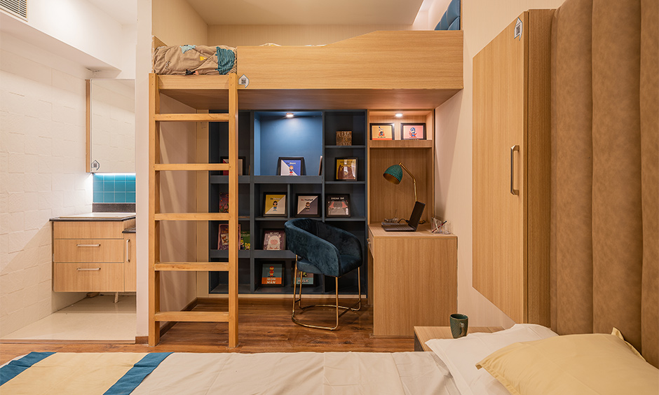 Kids bedroom design at Chennai interior studio center comes with a bunk bed cum study space