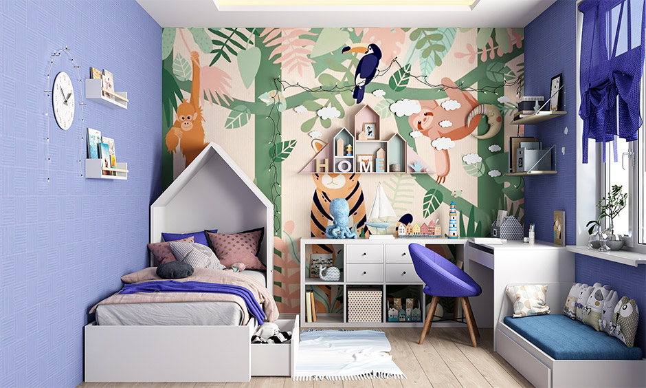 Pantone color of the year Kid's room with animal-themed wallpaper