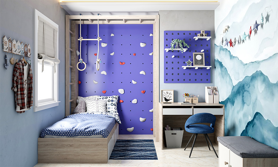 Pantone colour of the year 2022 for kids room featuring a climbing wall, ladder bed frame and pull-up hoops