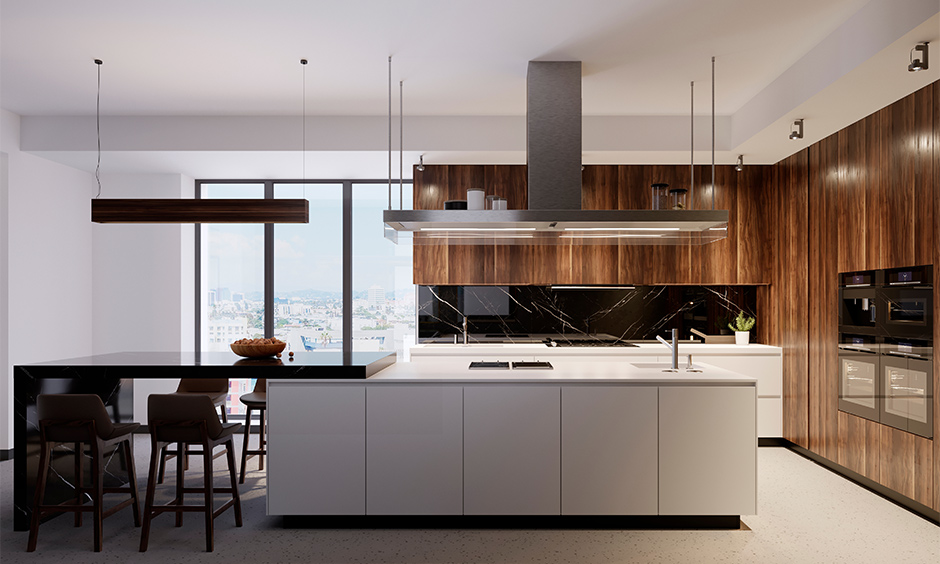 Luxury contemporary kitchen design with dark wood cabinetry with a glossy finish gives the space a rustic vibe