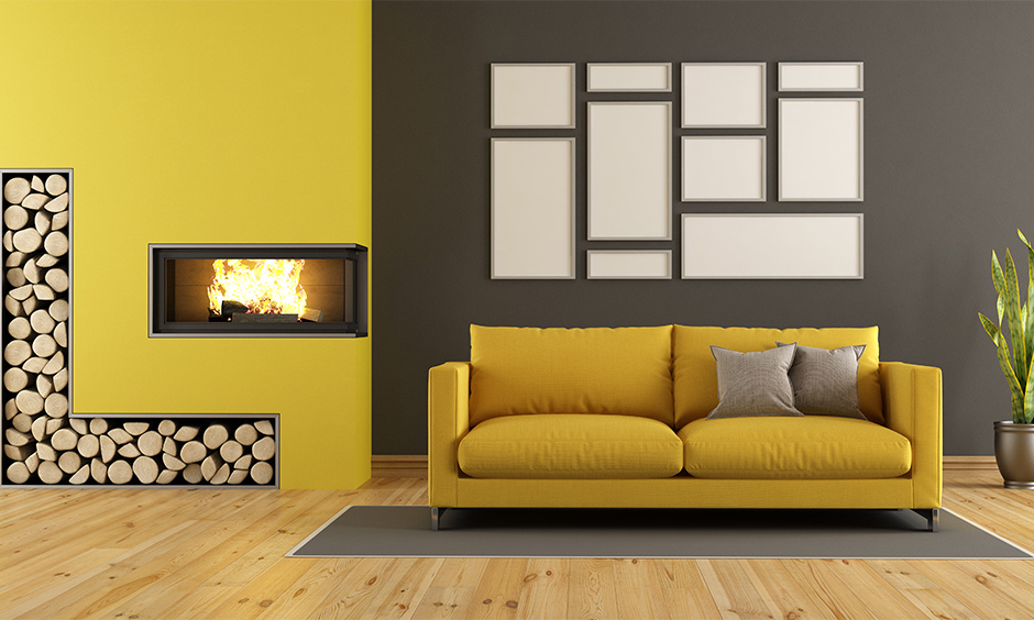 Mix a bold charcoal color combination with light yellow wall