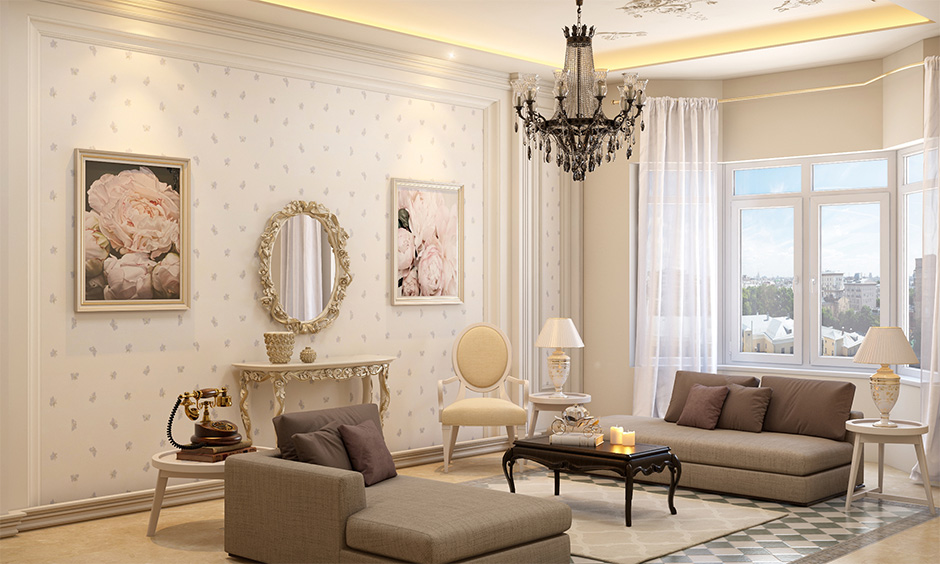 Neoclassical interior design features simple and symmetrical furniture with modern furniture