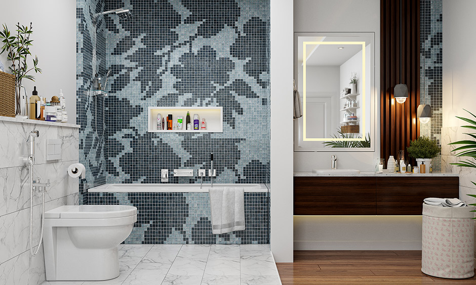 Patterned floral walls are a new trend in bathroom tiles that creates a warm and cosy vibe