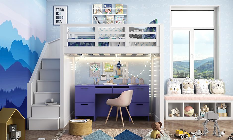 Pantone color of the year 2022 in kids bedroom with wallpaper and study table