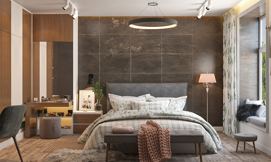 Use a matte finish wall bedroom tiles design for the rustic look