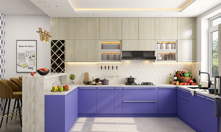 Very peri trending cabinet colour design in the kitchen creates a positive interior setup