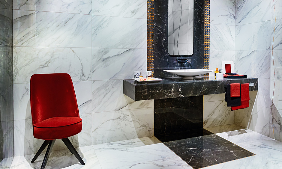 A small patch of black and white marble floor for the bathroom works too