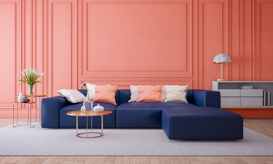 Bright colorful living room idea with two different colours for the sofa and the wall is a fantastic way to infuse colour