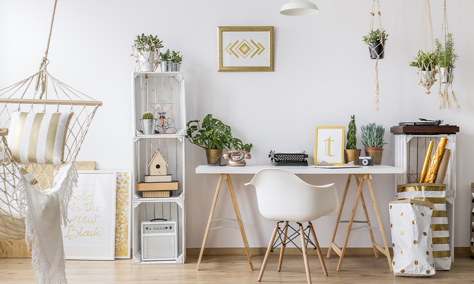 Home office decor with indoor plants gives an organic vibe