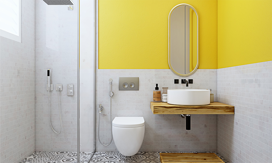 A bedroom color combination with yellow wall and patterned tiles is an instant draw
