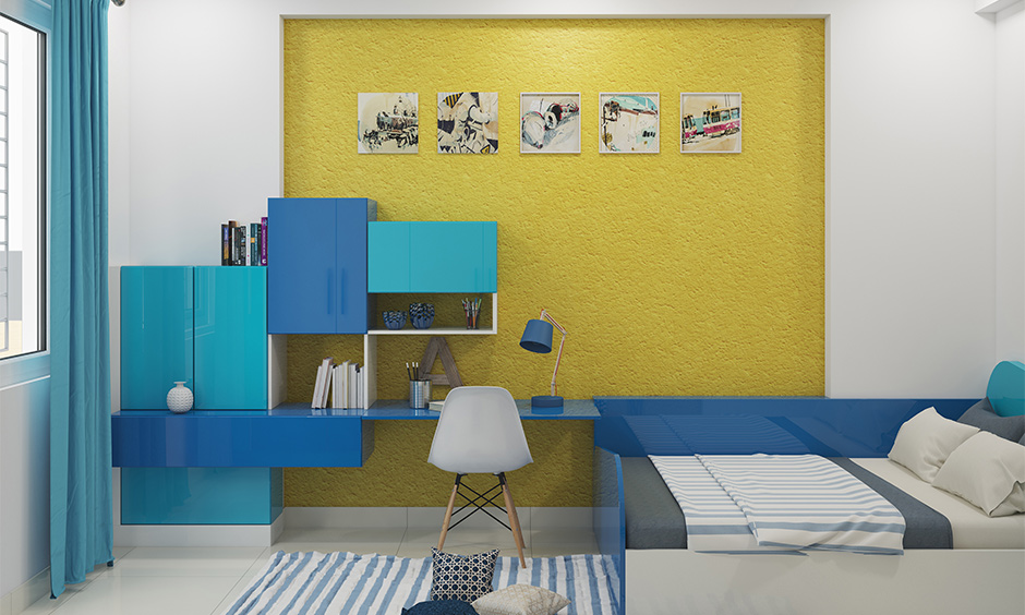 Blue makes a fun bedroom color combination with yellow wall