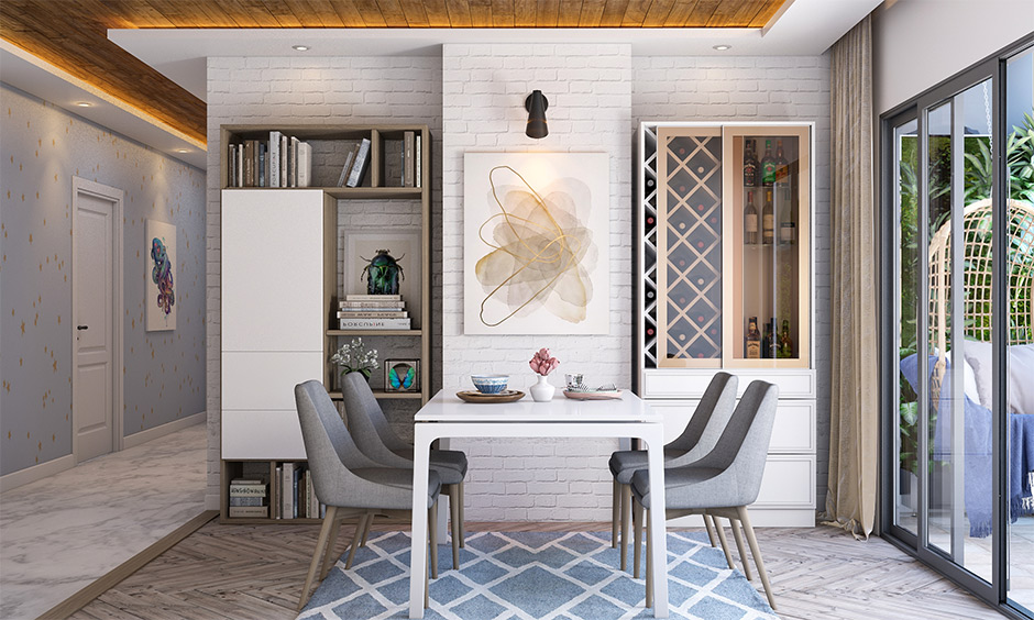 Contemporary dining room chairs and white table with modular bar unit