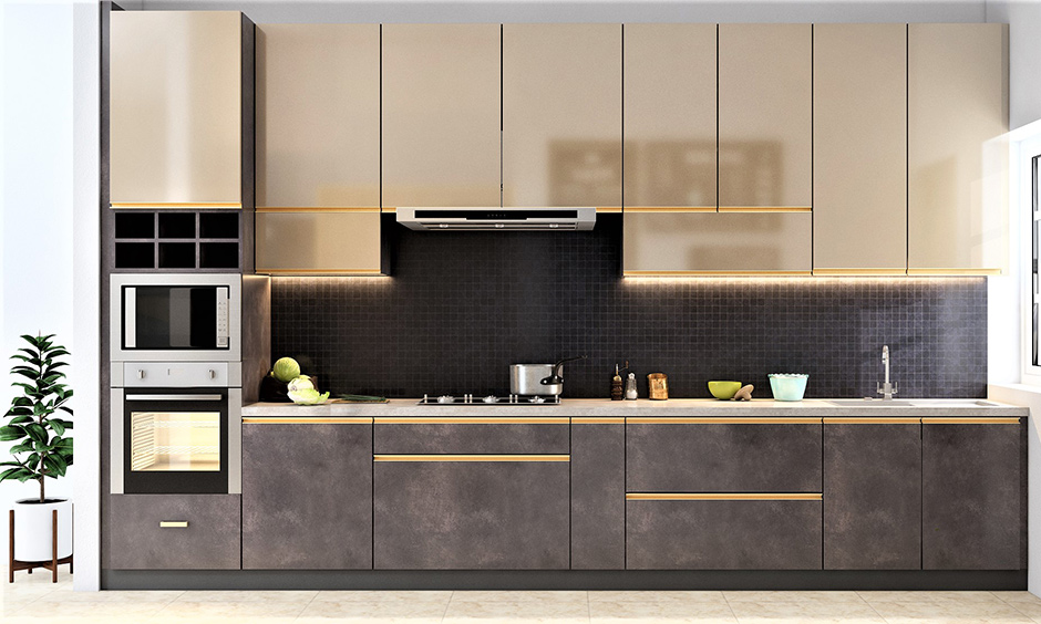 Cream colored kitchen cabinets with a glossy finish which create a fun reflective look