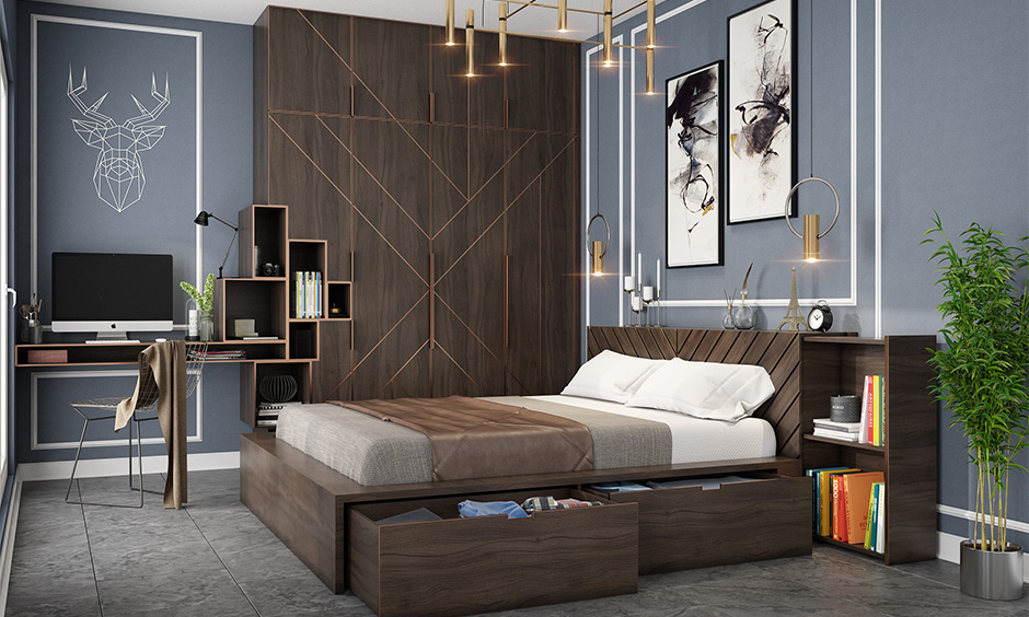 Elegant grey-themed bedroom walls feature panelling which accentuates the wall art