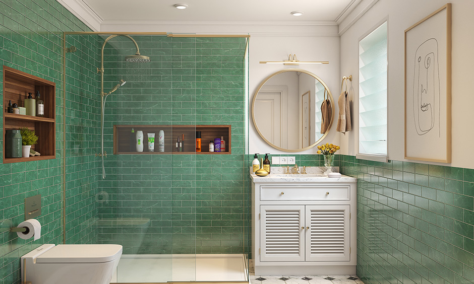 bathroom design with a hint of gold on fittings and mirror frame