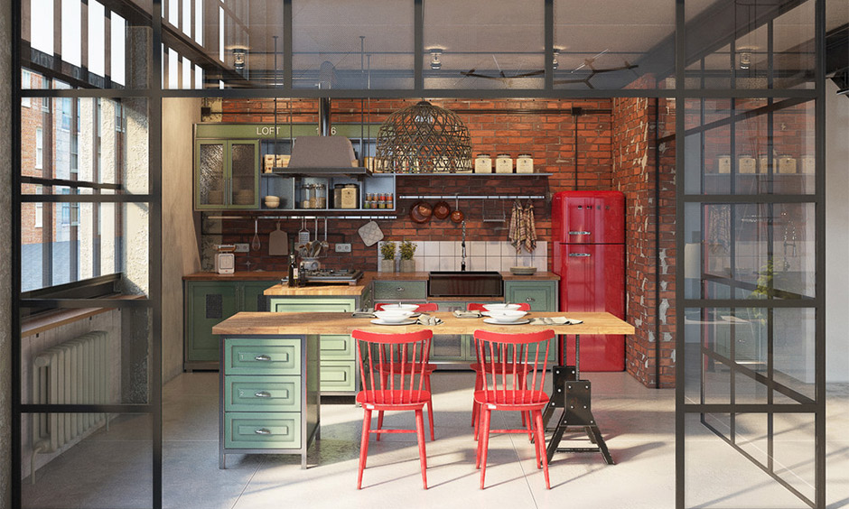 Glass partition design for industrial style kitchen with a rustic touch