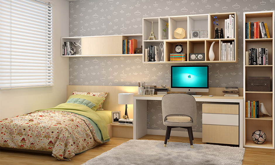 A light grey bedroom wallpaper stands out with its fun and simplistic design