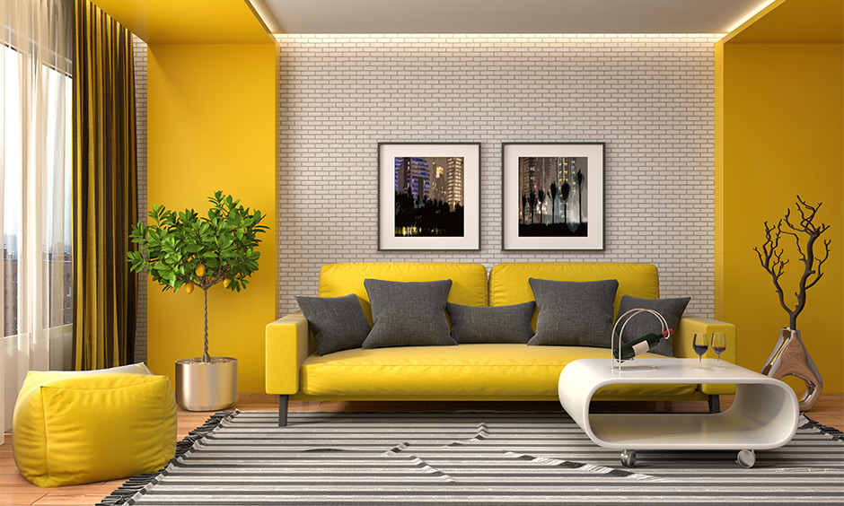 Grey color combination with yellow wall is a modern classic where you can never go wrong