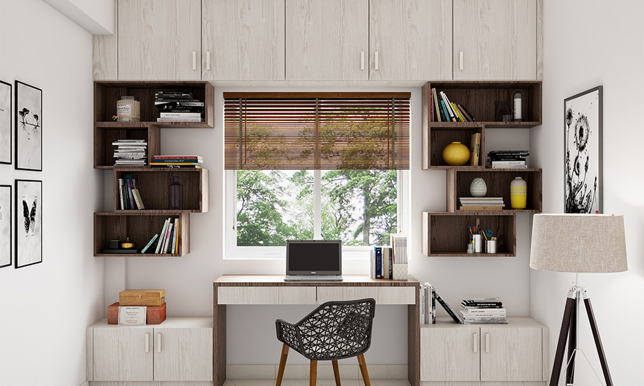 Home office organization tips with floating shelves that allow ease of organization 