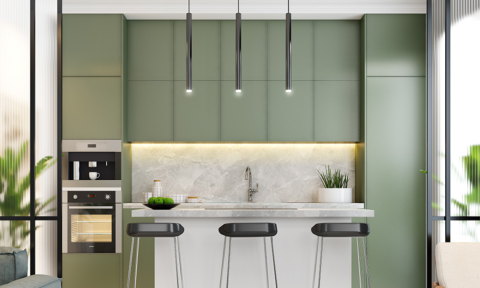 Kitchen island pendant lighting in black-coloured stainless steel elevates the kitchen with a much-needed chic vibe