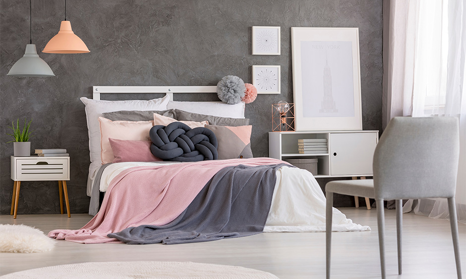 Grey and pink girl bedroom idea with a tiny dose of pink on pillow and bedsheet