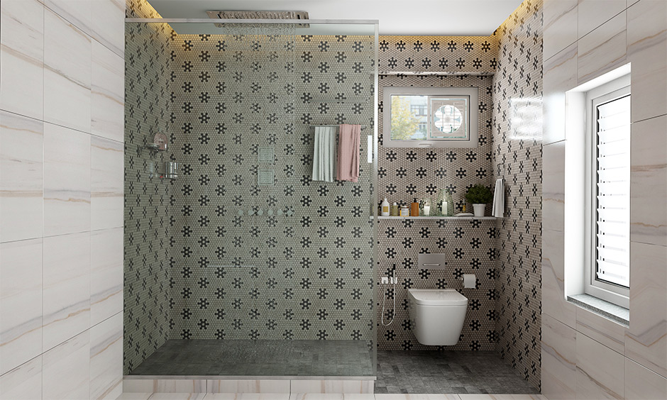 Mosaic tiles bathroom design ideas with geometric print