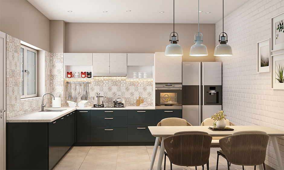 A timeless white kitchen with brick wall design kitchen with accent wall