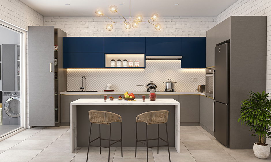 A visually appealing white brick wall design kitchen which makes the kitchen interesting