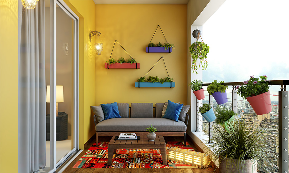 Accessorise a yellow balcony with some natural greens pastel colour bedroom