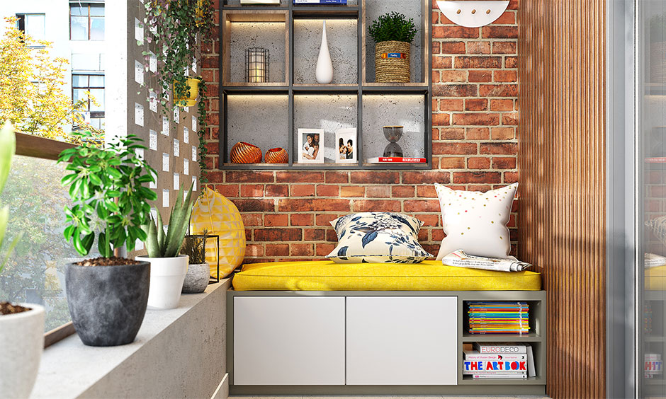 A storage bench in the balcony  to set it up as your reading corner