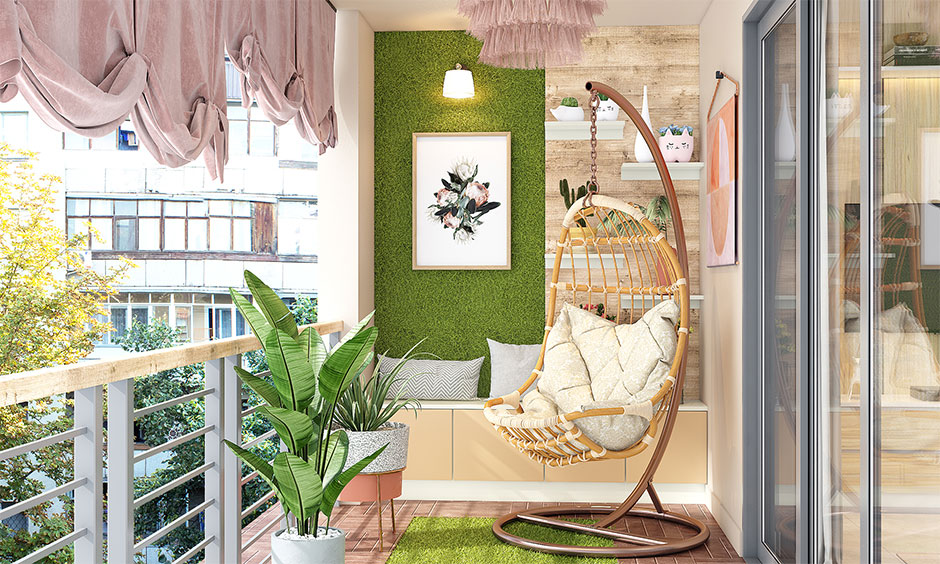 Balcony with a biophilic interior design featuring turf grass wall