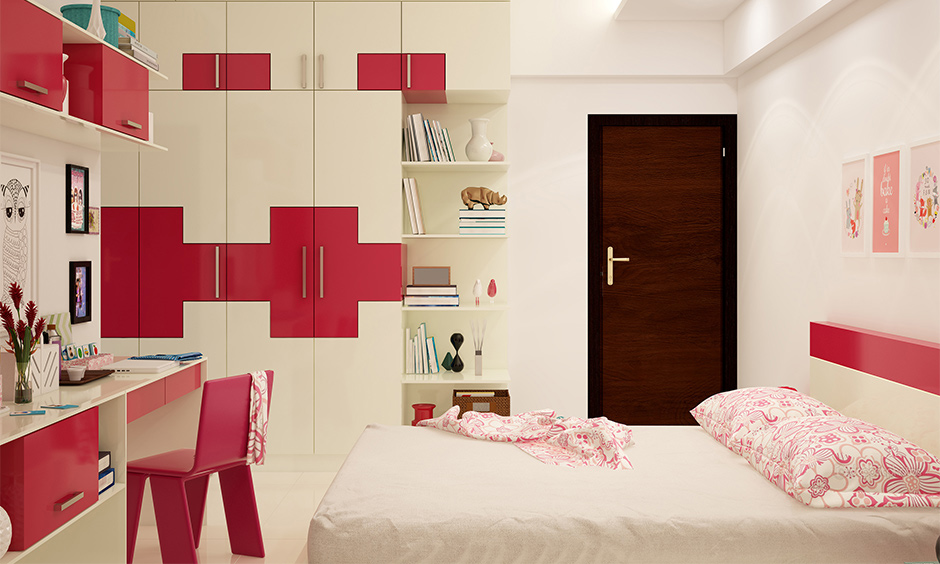 Bold pink and white wardrobe design-high-gloss laminate finished in the bedroom