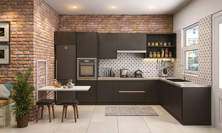 Patterned backsplash and exposed brick wall design kitchen