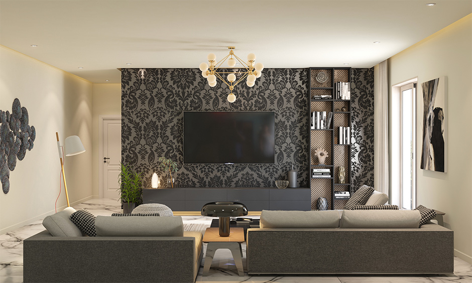 Matte black wallpaper for walls in the living room creates an accent design