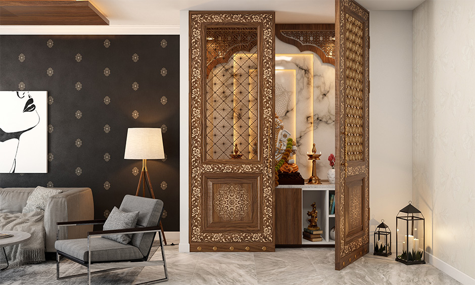 Intricate woodwork introduces warmth to how to decorate home temple