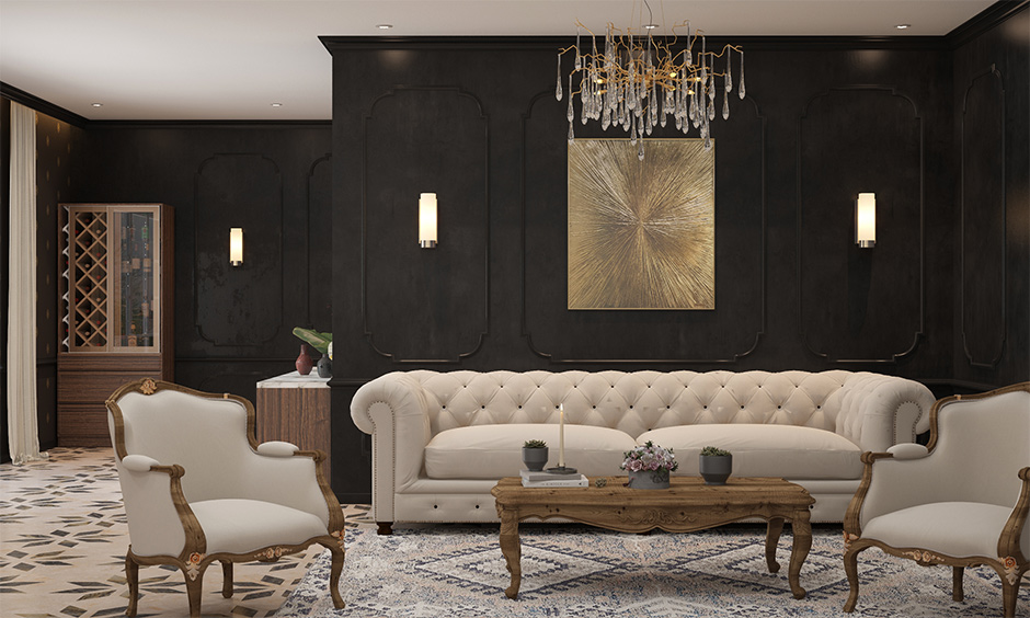 Matte black wall paint with a classic moulding design in the vintage style living room