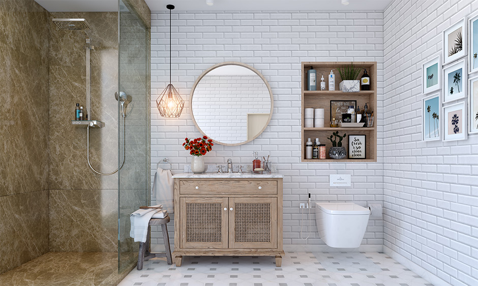 A minimalist bathroom pendant lighting in the vanity area adds to the design aesthetics