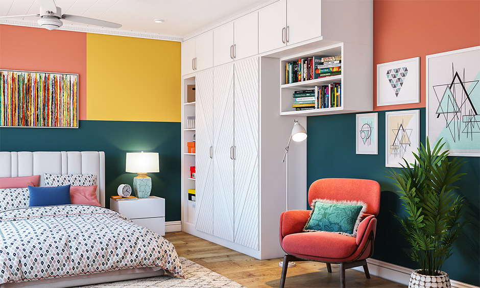 A modern white wardrobe design-three doors with overhead cabinets and open shelves