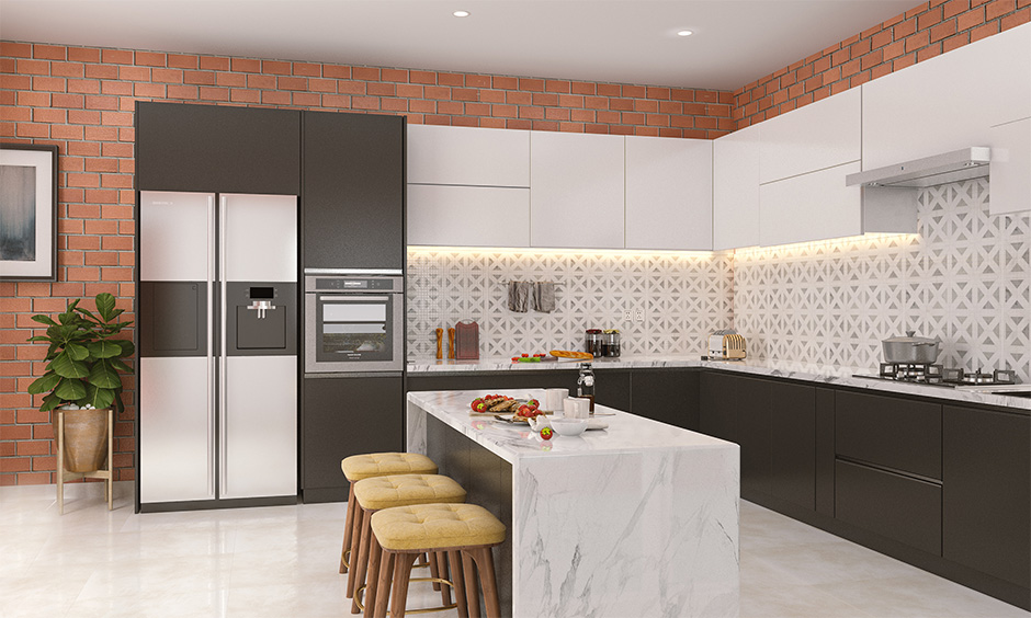 Orange brick wall kitchen for a vibrant splash which brings to life a monochrome kitchen