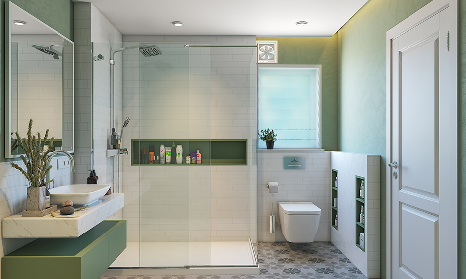 A small minimalist bathroom in a green and white colour scheme lends a breezy vibe