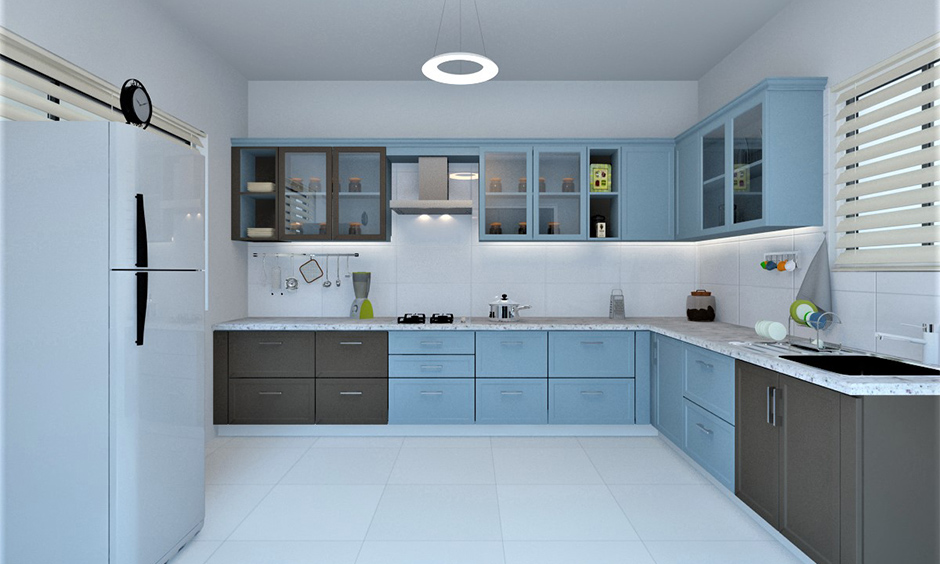 Icy blue and light grey kitchen cabinet colour gives a breezy touch to the space