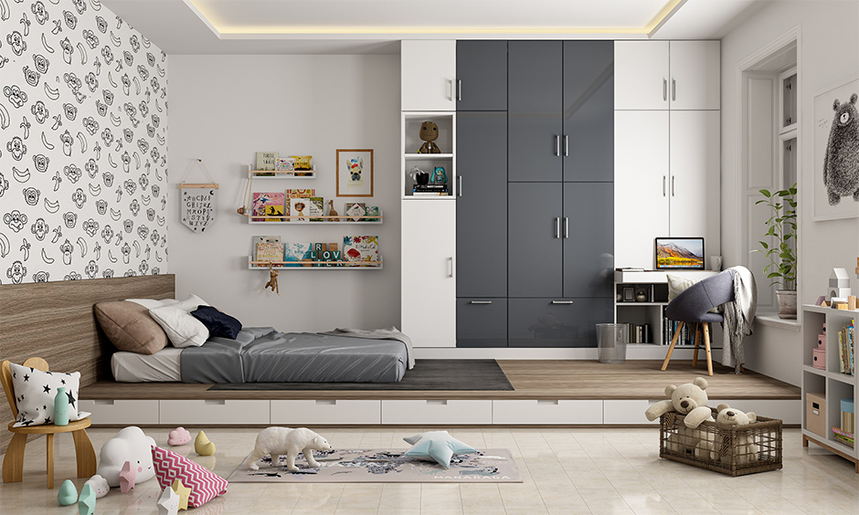 A grey and white wardrobe design glossy finish with a pull-out desk