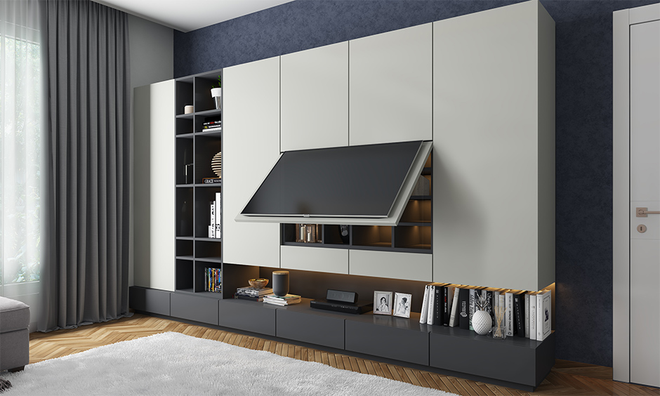 A wall-to-wall modern tv wall unit for the living room comes with hidden storage