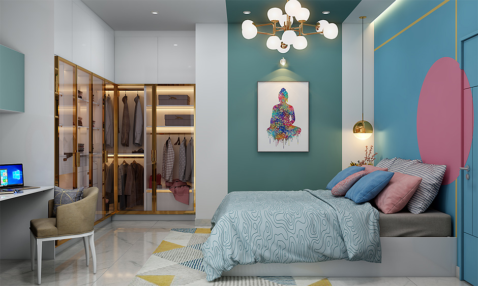 A corner wardrobe with a glass front in the 12x15 primary bedroom layout makes the room appear larger