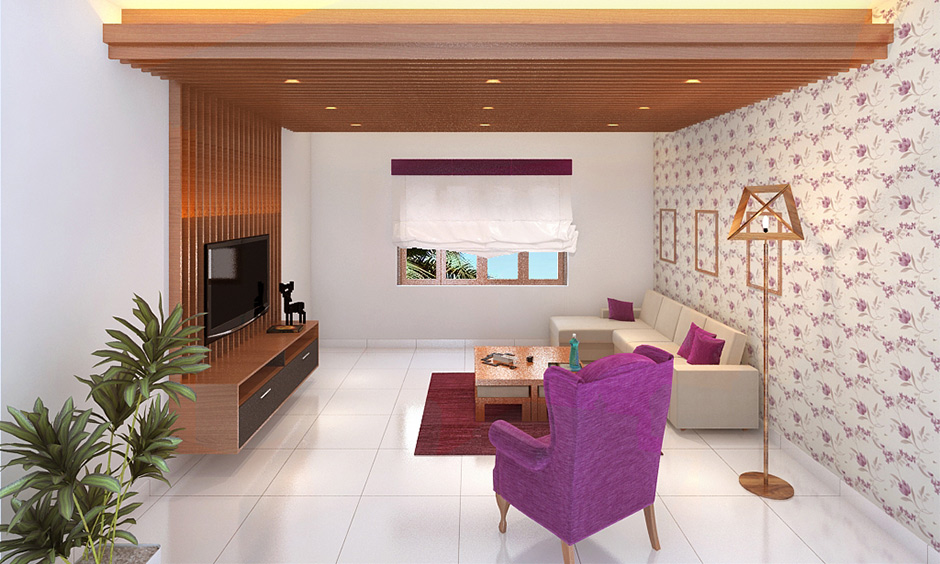 A modern wooden false ceiling design that makes a statement that’s also a TV unit