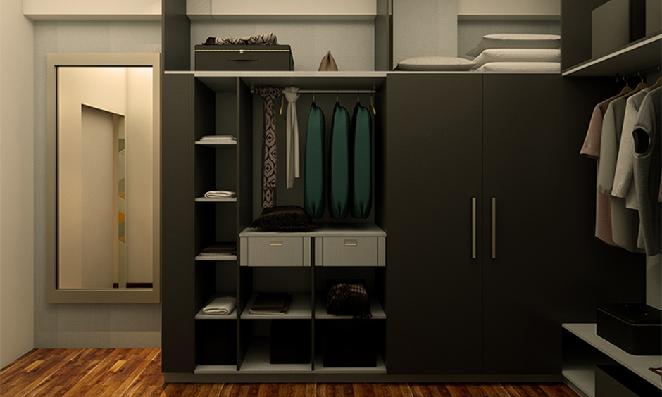 An angular modern black wardrobe with plenty of storage racks is an optimized design